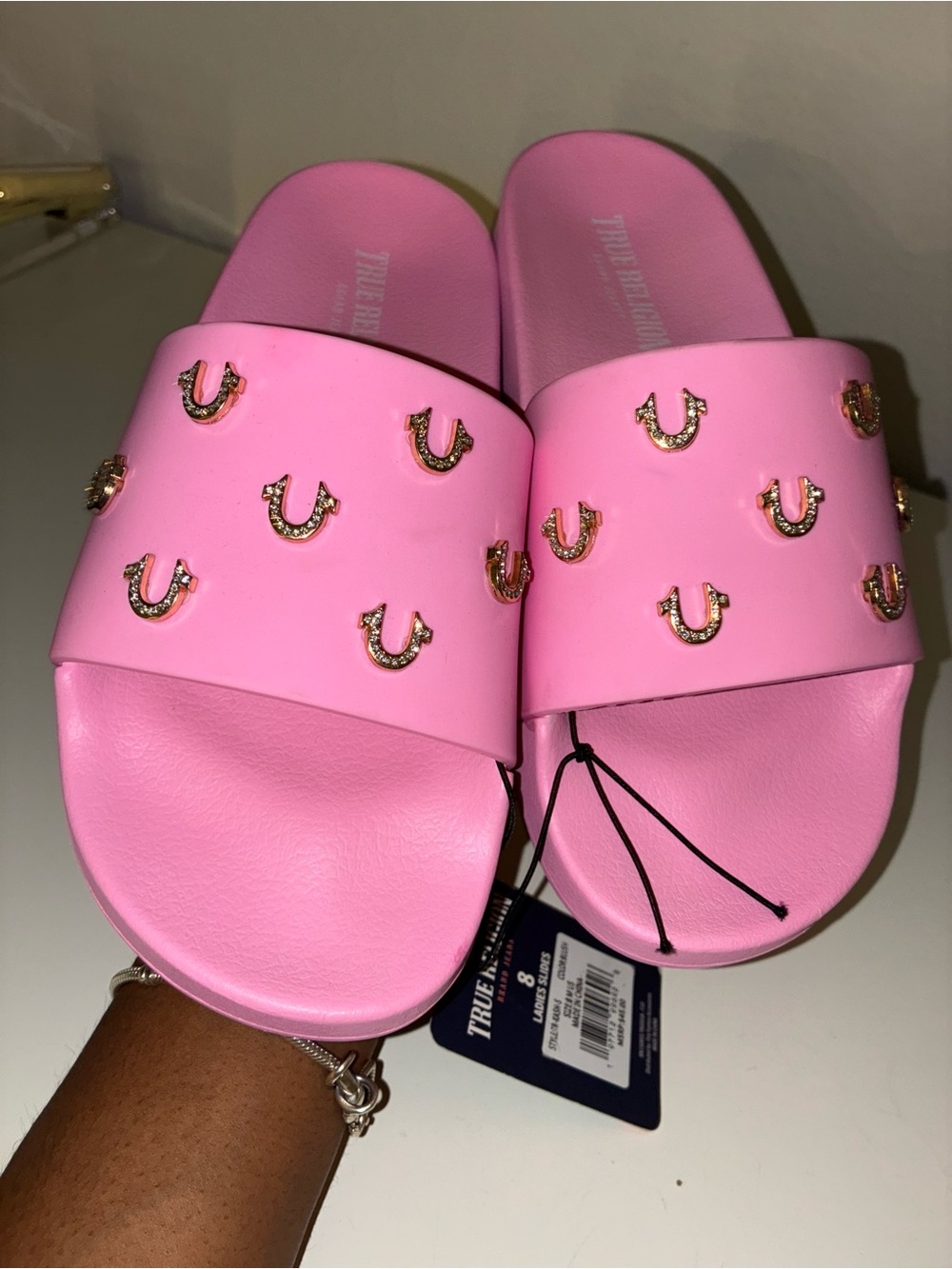 True Religion Pink Ladies' Slide Sandals with Gold-Tone Logo Studs